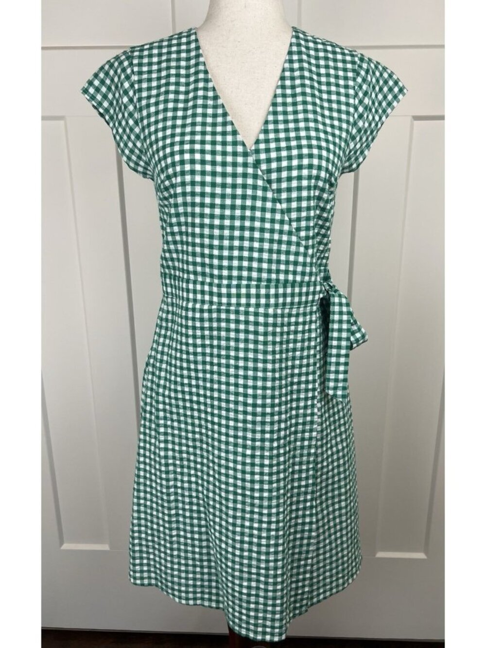 Banana Republic Gingham Wrap Dress Size 4 Green White Cotton Linen Fit Flare